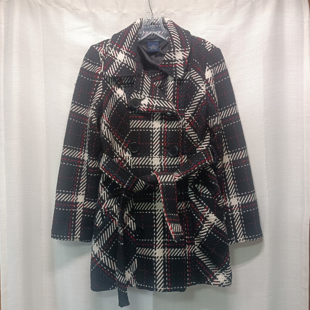 Boston Proper Women's 4 Multicolor Plaid Pea Coat Wool Belted Double Breasted